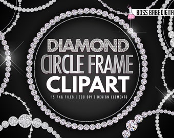 May include: A set of 15 digital clipart images featuring diamond circle frames. The frames are made of sparkling silver diamonds and are perfect for adding a touch of glamour to your designs. The text "DIAMOND CIRCLE FRAME CLIPART" is displayed in the center of the image.