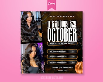 October Booking Flyer, Halloween Booking Flyer, Spooky Season, October Hair Wax Lash Nails MUA Braids Makeup Wig Locs Esthe Booking Flyer
