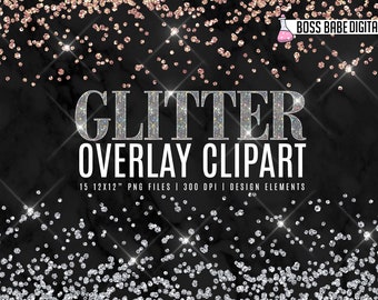 May include: A digital download of 15 glitter overlay clipart images. The images are 12 inches by 12 inches and 300 DPI. The images are perfect for adding a touch of sparkle to your designs.