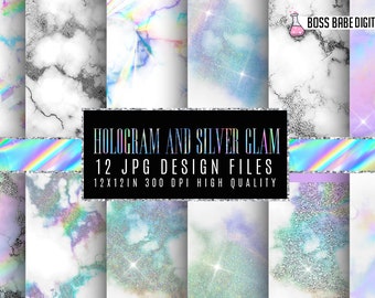 Silver and Hologram Glam marble digital paper, Hologram Marble paper, marble backgrounds, Stone paper, Hologram marble commercial use