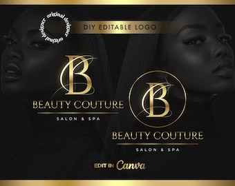 May include: A gold logo design for Beauty Couture Salon & Spa, featuring a stylized letter "B" with elegant swirls. The design is set against a black background with a woman's face on each side. Text includes "DIY EDITABLE LOGO" and "Edit in Canva."
