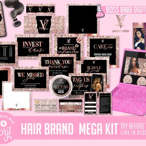 Rose Gold Shimmer Haarbundel Mega Brand Kit, Haarbundels Prijzen Flyer, Bewerkbare Hair Extensions Flyer, Rose Gold Premade Hair Flyer