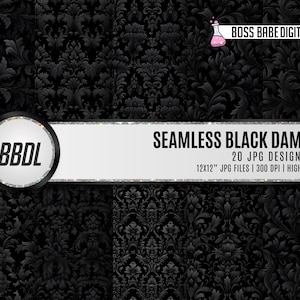 Black Seamless Damask Digital Papers, Scrapbook Paper, Black Damask Backgrounds, Luxury Papers, Halloween Papers, Gothic Digital Papers