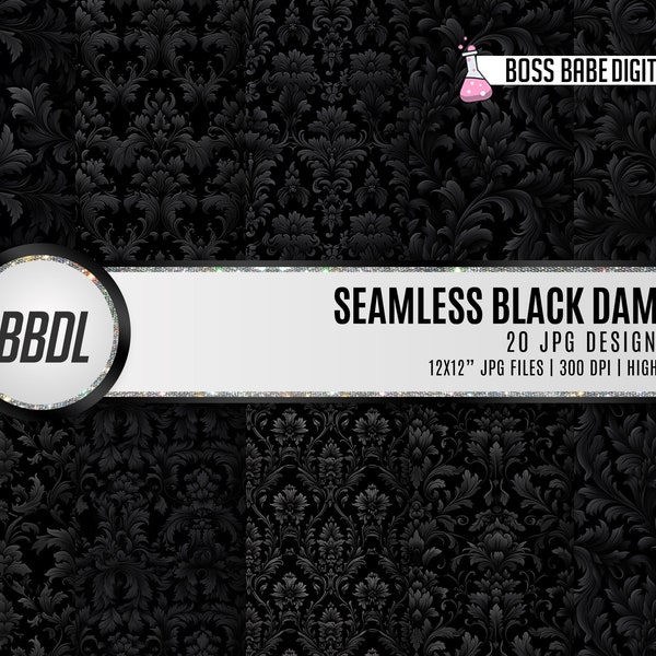 Black Seamless Damask Digital Papers, Scrapbook Paper, Black Damask Backgrounds, Luxury Papers, Halloween Papers, Gothic Digital Papers
