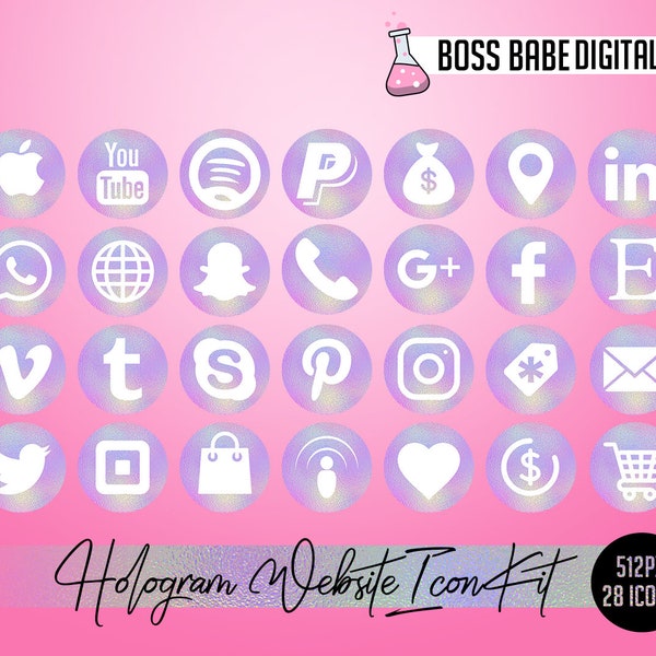 Hologram Website Icon Kit, Pastel Social Media Icons, Holographic Social Media Icons for Entrepreneurs, Holographic Social Media Icons