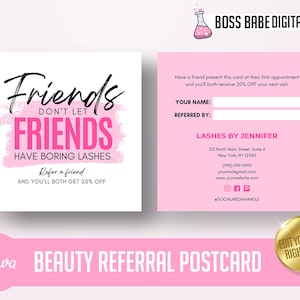 Tarjeta de referencia de belleza DIY Canva, diseño de postal de referencia de artista de pestañas, postal de referencia de belleza, postal de lealtad de técnico de pestañas