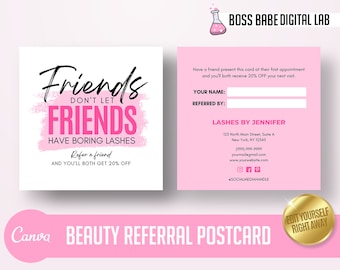 DIY Canva Beauty Referral Card, Lash Artist Referral Postcard Design, Beauty Referral Postcard, Lash Technician Loyalty Postcard