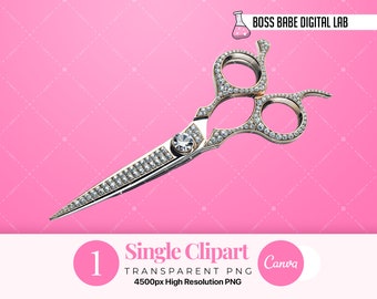 May include: A pair of silver hairdressing shears with a diamond-encrusted design. The shears are open and the blades are sharp.