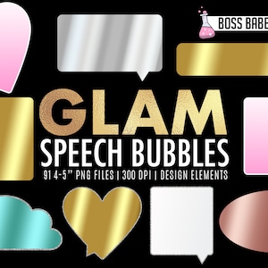 Glam Speech Bubbles Clipart, Gold Speech Bubble design elements, Silver Speech Bubble Clipart, Turquoise Speech Clip Art