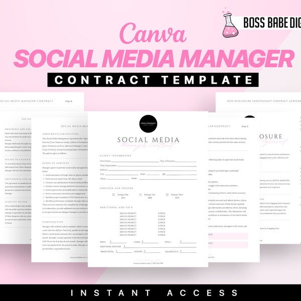 Professional Freelance Social Media Manager Contract Canva Template, Social Media Non Disclosure, Social Media Management Contract Template