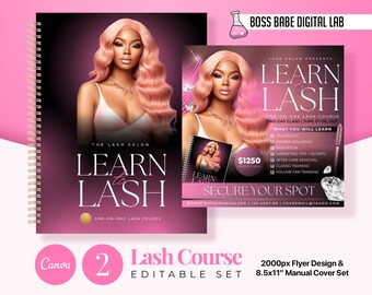 Könnte beinhalten: Ein rosa-schwarzer Flyer mit dem Text "Learn to Lash" und einem Foto einer Frau mit langen, rosafarbenen Haaren. Der Flyer wirbt für einen zweitägigen Wimpernkurs mit dem Text "Secure Your Spot". Ein rosa-schwarzes spiralgebundenes Handbuch mit dem Text "Learn to Lash" und einem Foto einer Frau mit langen, rosafarbenen Haaren. Das Handbuch ist 21,6 cm x 27,9 cm groß.