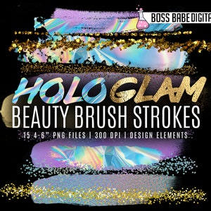 HoloGLAM Beauty Brush Strokes, Glam Gold Clipart, Hologram Brush Strokes, Gold Glitter Brush Strokes, Unicorn Brush Strokes