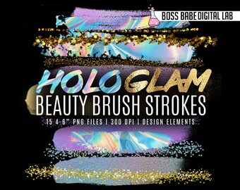HoloGLAM Beauty Brush Strokes, Glam Gold Clipart, Hologram Brush Strokes, Gold Glitter Brush Strokes, Unicorn Brush Strokes