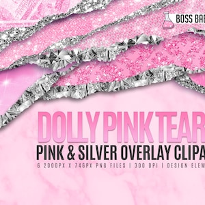 Dolly Pink and Silver Glam Tears Clipart, Glitter Pink and Silver Tear Borders Clipart, Glitter Clipart, Canva Clipart, Photoshop Clipart