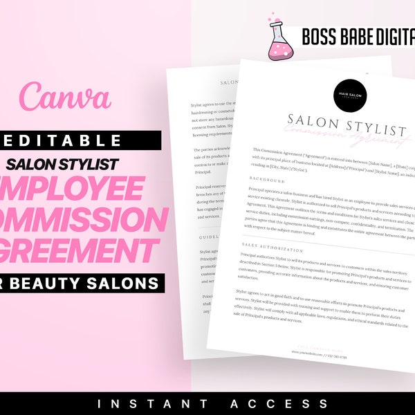 Salon Employee Commission Agreement Template for Stylists, Editable Salon Commission Agreement Form for Salon Owners, Editable Salon Policy