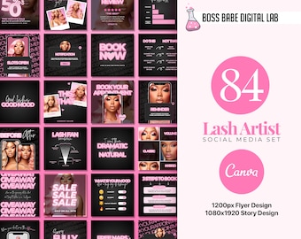 84 Lash Artist Instagram Templates – Social Media Pack for Lash Business, Beauty Branding, Lash Tech Canva Posts, Lash Artist Branding