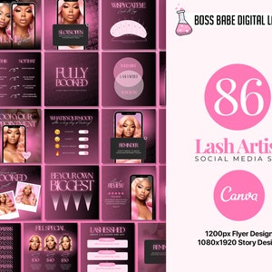 May include: A pink and black social media template set for lash artists. The set includes 86 different designs for Instagram stories and flyers. The designs feature a variety of pink and black backgrounds, with text that says "Lash Artist" and "Social Media Set".