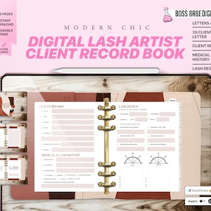 May include: A digital client record book for lash artists. The book has a modern chic design with a pink and brown color scheme. It includes sections for client information, medical and lash history, and lash design.