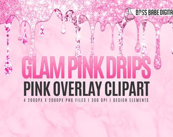 May include: Pink glitter drips on a pink marble background. The text "GLAM PINK DRIPS" and "PINK OVERLAY CLIPART" is displayed in black. The text "4 2000PX X 2000PX PNG FILES | 300 DPI | DESIGN ELEMENTS" is displayed in black.