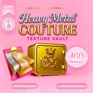 May include: A pink background with a gold safe, a pink clipboard with gold and silver paper, and the text "Heavy Metal Couture Texture Vault 460+ Papers".