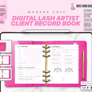May include: A pink digital lash artist client record book with gold accents. The book includes sections for client records, medical history, and lash design. The cover features the text "Digital Lash Artist Client Record Book". The book is designed for use on an iPad or Android device.