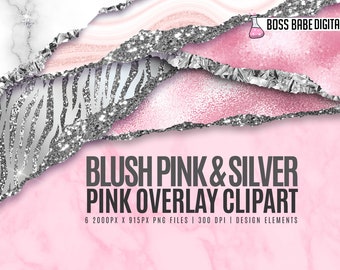 May include: Six digital clipart images featuring blush pink and silver textures. The images include a marble background, glitter, and a zebra print. The text "BLUSH PINK & SILVER PINK OVERLAY CLIPART" is displayed on the bottom of the image.