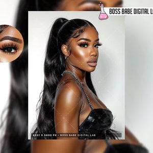 May include: A woman with long black hair styled in a high ponytail. She is wearing a black sequined top and has a natural makeup look with dark eyeshadow and nude lipstick. The image is captioned "BOSS BABE DIGITAL LAB".