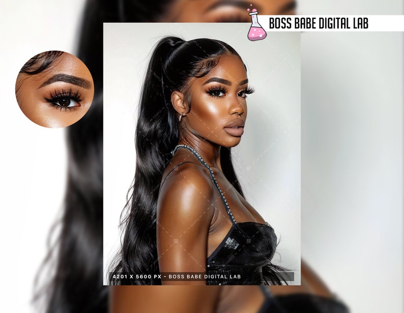 May include: A woman with long black hair styled in a high ponytail. She is wearing a black sequined top and has a natural makeup look with dark eyeshadow and nude lipstick. The image is captioned "BOSS BABE DIGITAL LAB".