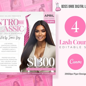 Puede incluir: Un folleto rosa que anuncia un seminario de pestañas de 2 días titulado "Intro to Classic" impartido por Jamie Day. El folleto presenta a una mujer con cabello largo y oscuro sobre un fondo rosa. El texto incluye la fecha, la hora, el precio y la información de contacto. El folleto también incluye el texto "Boss Babe Digital Lab" y "Canva 2000px Flyer Design".