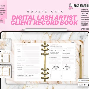 May include: A digital planner for lash artists with a marble background. The planner includes sections for client records, medical and lash history, and lash design. The planner is available for instant download and includes clickable tabs.