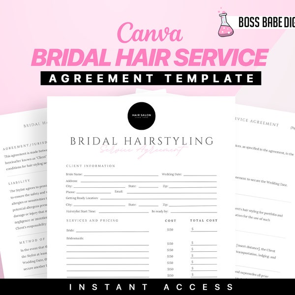 Bridal Canva Hair Contract Template, Freelance Hairstylists,Editable Bride Terms & Conditions,Wedding Bridal Party Salon Services Agreement