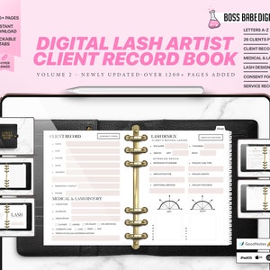 May include: A digital lash artist client record book with a black cover and gold rings. The book has a marble pattern background and includes pages for client records, medical and lash history, lash design, consent forms, and service records. The book is labelled "Digital Lash Artist Client Record Book" and "Volume 2 - Newly Updated - Over 1200+ Pages Added".