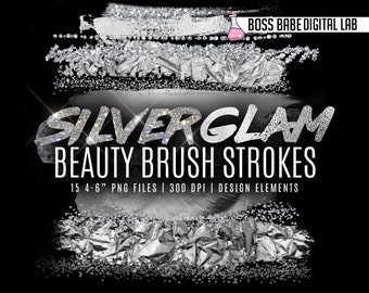 Silver Glam Beauty Brush Strokes, Silver Glam Clipart, Silver Glam Brush Strokes, Silver Glitter Brush Strokes, Silver Glam Brush Strokes