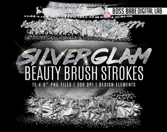 Silver Glam Beauty Brush Strokes, Silver Glam Clipart, Silver Glam Brush Strokes, Silver Glitter Brush Strokes, Silver Glam Brush Strokes