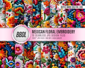 Pode incluir: Um conjunto de 20 designs de papel digital com padrões vibrantes e coloridos de bordado floral mexicano. Cada design mede 30,5 x 30,5 cm e 300 DPI, perfeito para projetos de artesanato.