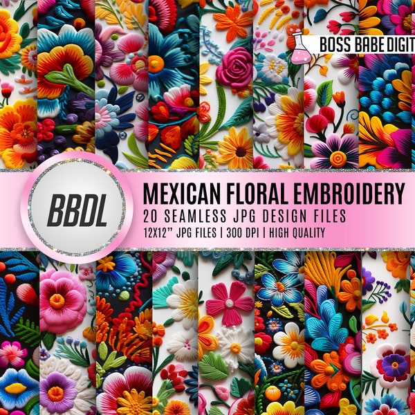 20 Flores de bordado mexicano sin costuras Papel digital JPG, 12 diseños, Patrón mexicano colorido, Papeles digitales de arte popular mexicano, JPG floral