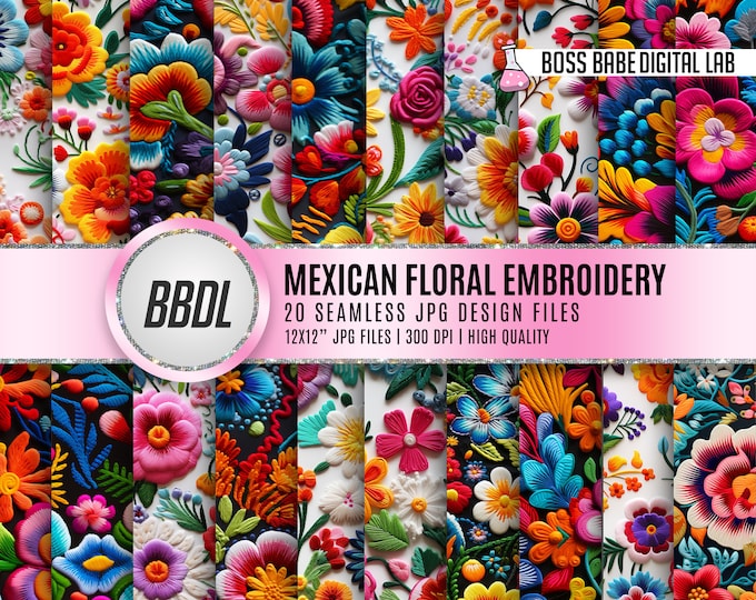20 Seamless Mexican Embroidery Flowers Digital Paper JPG, 12 Designs ...