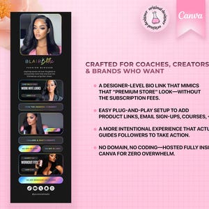 May include: A black and pink Canva graphic promoting a designer-level bio link for coaches and creators. The graphic features images of a woman, with text including "Blair B. Little" and "Work Wife Looks."