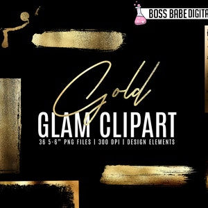 Glam Gold Clipart, Gold design elements, Gold Brush Strokes, Foil Frames, Gold Circles, squares, Gold Banners, Gold Clipart, Gold Foil Art