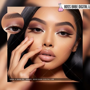 Op de afbeelding: Een close-up van iemands gezicht met dramatische oogmake-up. De persoon heeft donker haar en draagt een witte eyeliner met een gevleugelde vorm. De tekst "BOSS BABE DIGITAL LAB" is zichtbaar in de rechterbovenhoek van de afbeelding.