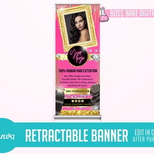 DIY Canva Retractable Banner Design Template Hair, Silver and Pink Canva Hair Retractable Banner, Canva Professional Retractable Banner