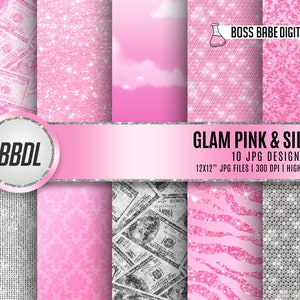 May include: A set of 10 digital paper designs featuring pink and silver glitter patterns, including a zebra print, dollar bills, and a cloud pattern. The text "GLAM PINK & SILVER" and "BOSS BABE DIGITAL LAB" is included in the image.
