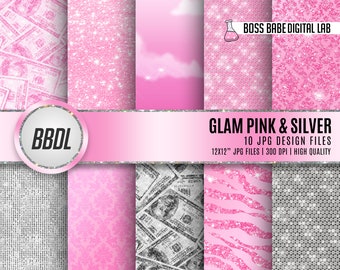 Dolly Pink and Silver Glam, Dolly Pink and Silver Glam Digital Papers, 12&quot; x 12&quot;, 300 dpi JPGs, Instant Download Dolly Pink and Silver Glam