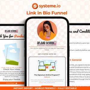 May include: Three smartphones displaying website mockups. The central phone shows a woman in an orange blazer. The text includes "Link in Bio Funnel", "Check Your Inbox", and "The Signature Online Program". The bottom banner reads "Instant Import - Mobile Friendly - Fully Editable".