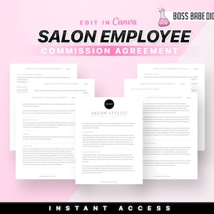 May include: A printable salon employee commission agreement template with the text "Salon Employee Commission Agreement" and "Edit in Canva" on a pink background. The text "Salon Stylist" is also visible in the image.
