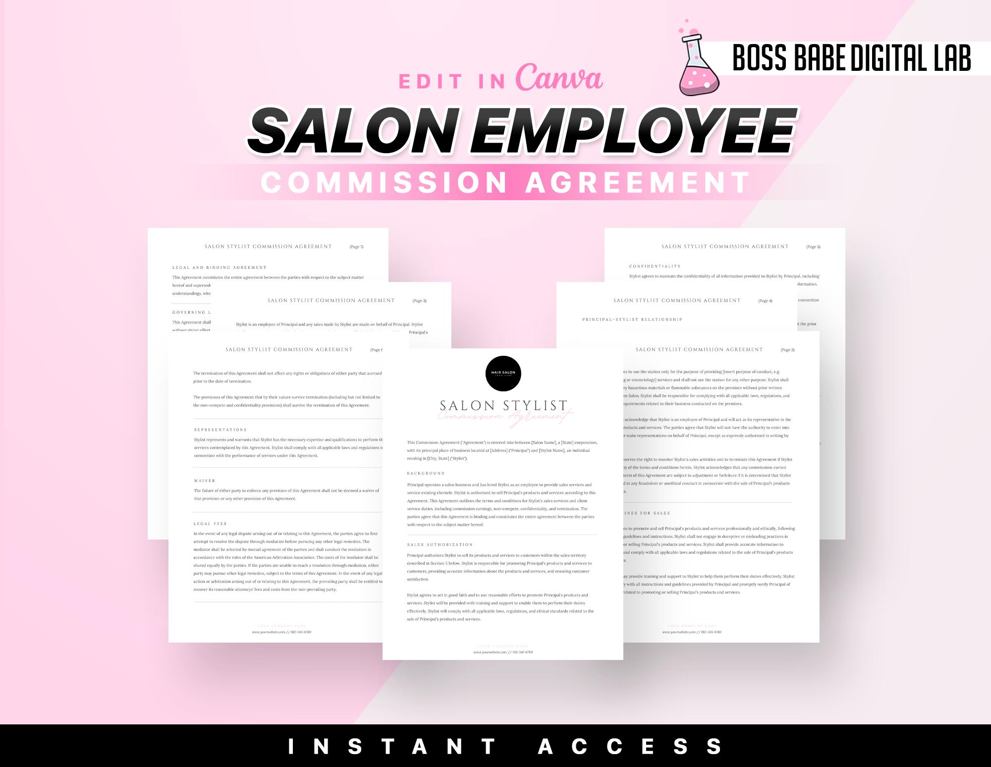 Salon Employee Commission Agreement Template for Stylists, Editable ...