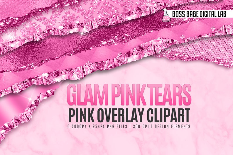 Pu&ograve; includere: Sei sovrapposizioni di carta digitale rosa con un design a bordo strappato. Le sovrapposizioni presentano diverse texture, tra cui glitter, paillettes e foglio. Il testo "GLAM PINK TEARS PINK OVERLAY CLIPART" &egrave; visualizzato sotto le sovrapposizioni. Il testo "6 2000PX X 954PX PNG FILES I 300 DPI I DESIGN ELEMENTS" &egrave; visualizzato sotto il testo.