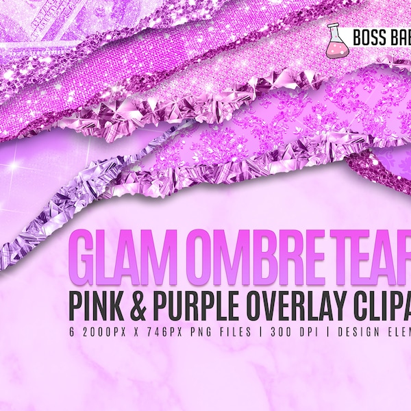 Pink and Purple Ombre Glam Tears Clipart, Glitter Pink and Purple Tear Borders Clipart, Glitter Clipart, Canva Clipart, Photoshop Clipart