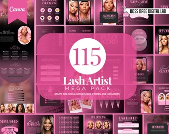 May include: A pink and black graphic design with the text "115 Lash Artist Mega Pack" and the text "Acuity Site, Social Media Flyers, Stories, and Highlights". The design includes images of women with eyelashes and other lash-related graphics.