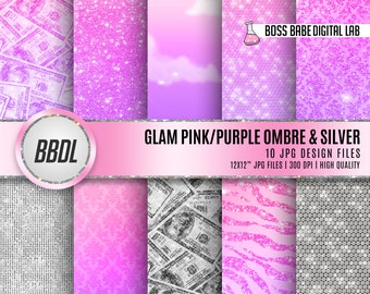 Dolly Pink and Purple Ombre and Silver Glam, Dolly Pink and Purple Ombre and Silver Glam Digital Papers, Instant Download Purple and Silver